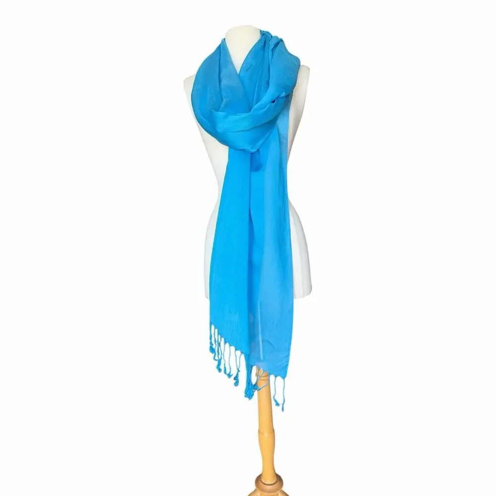 Handmade Turquoise Blue Sheer Fringe Scarf Lightweight Shawl Wrap Boho Style